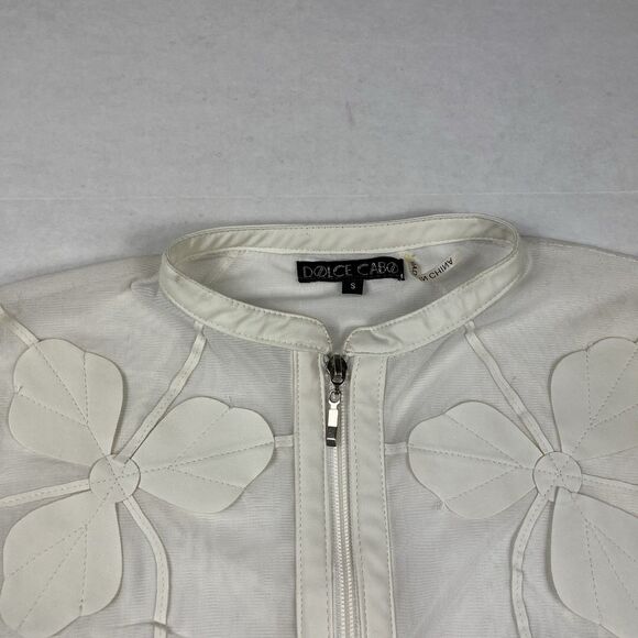 Dolce Cabo Ivory Mesh Floral Appliqué Zip Blouse Jacket Womens Small Sheer FLAW - Picture 3 of 12